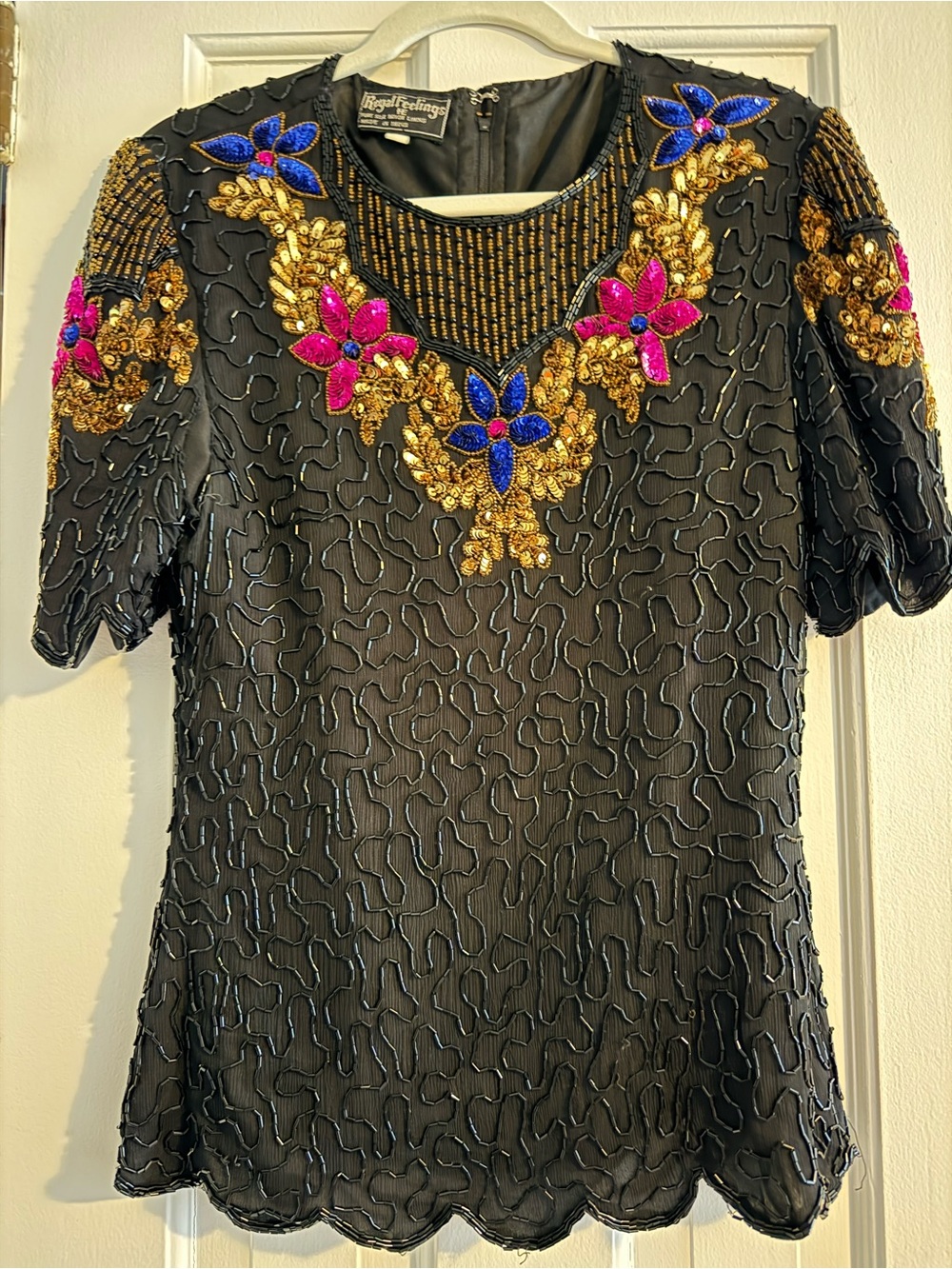 Vintage Black Embellished Floral Blouse